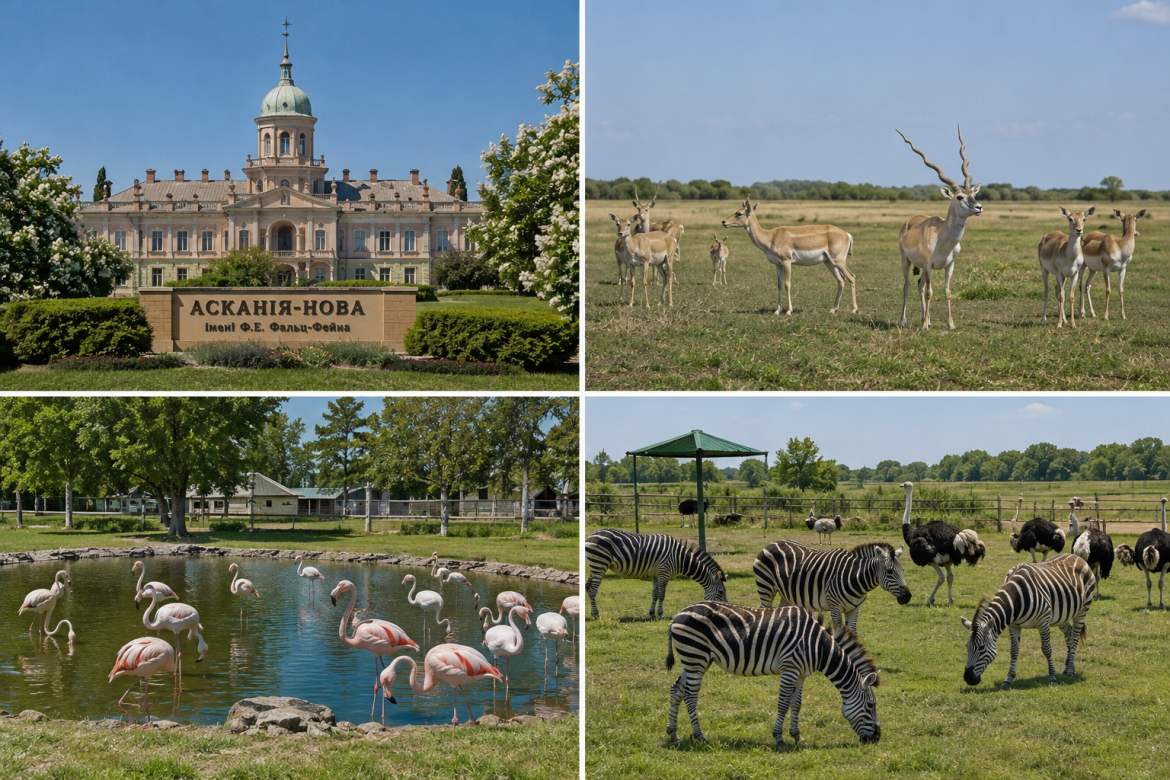Колаж фото заповідника Асканія-Нова — палац, антилопи, фламінго та зебри