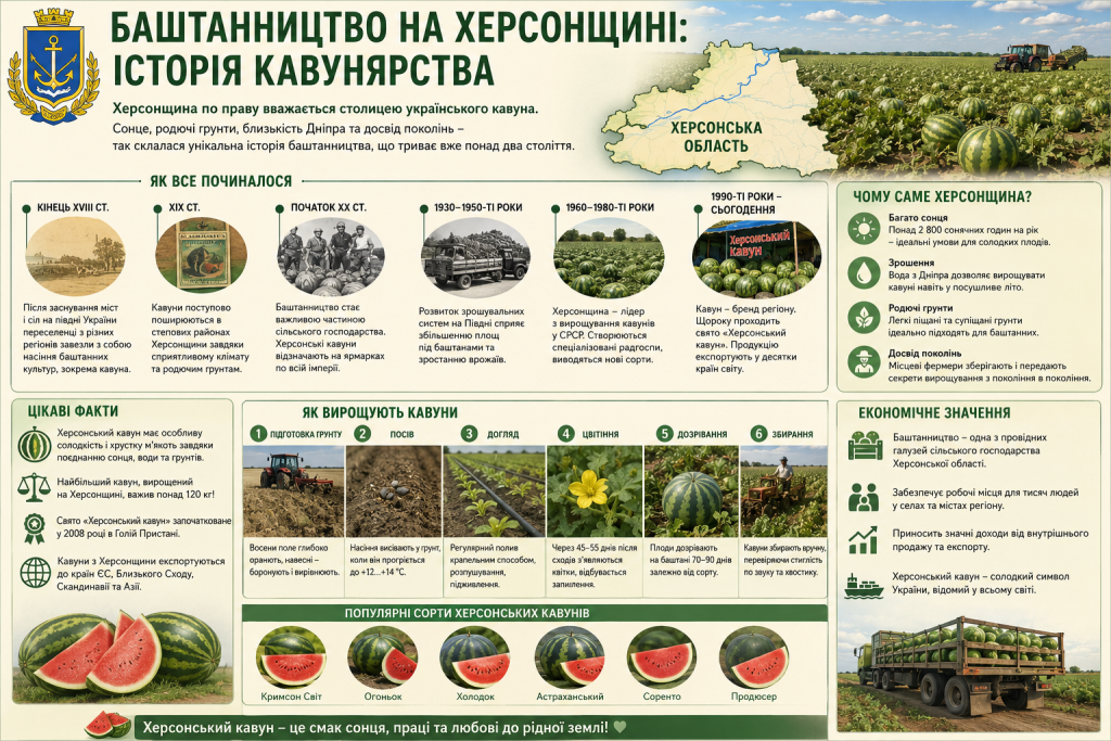 Інфографіка про історію вирощування кавунів на Херсонщині від XVIII століття до сьогодення