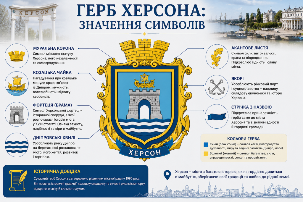 Інфографіка з поясненням символів, кольорів та історії герба міста Херсон.