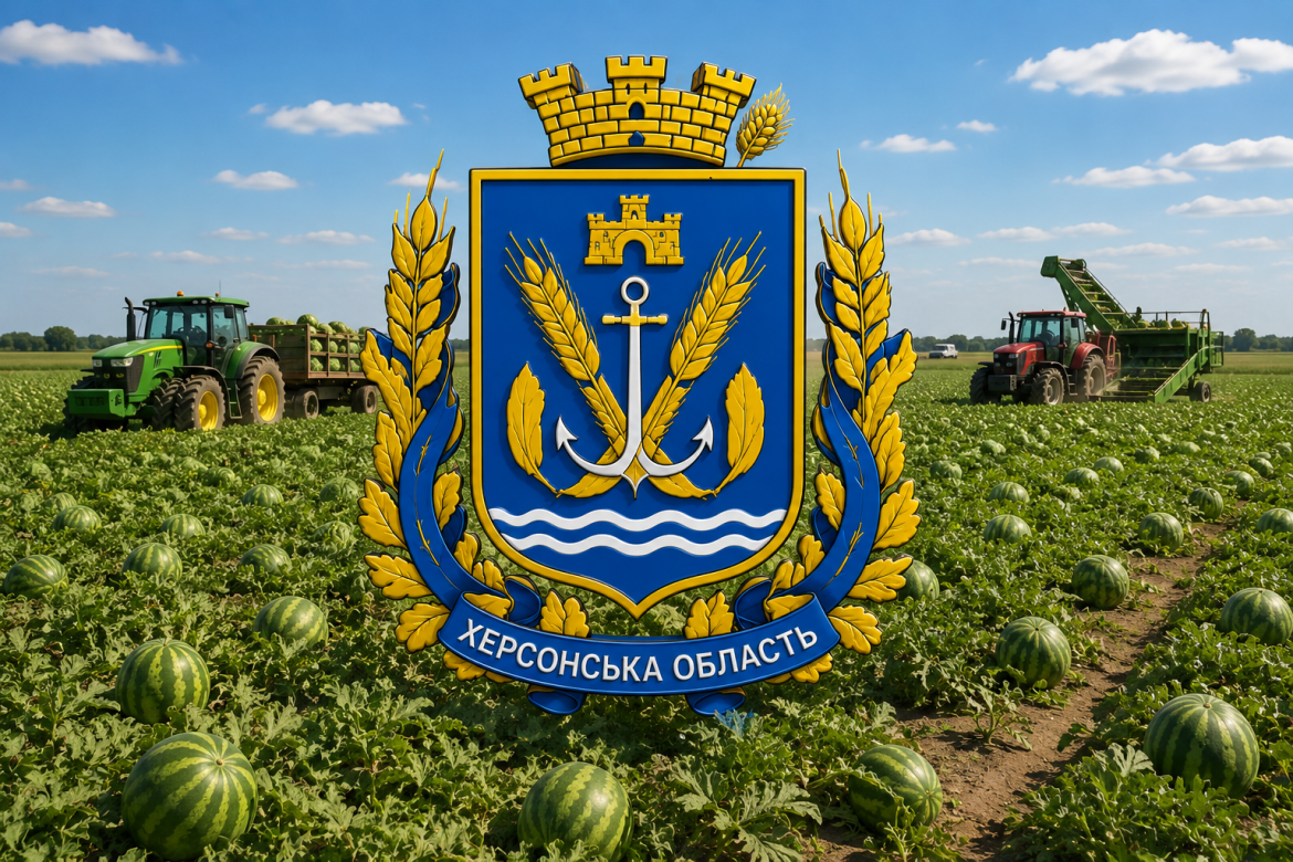 Герб Херсонської області на фоні поля з кавунами та тракторами