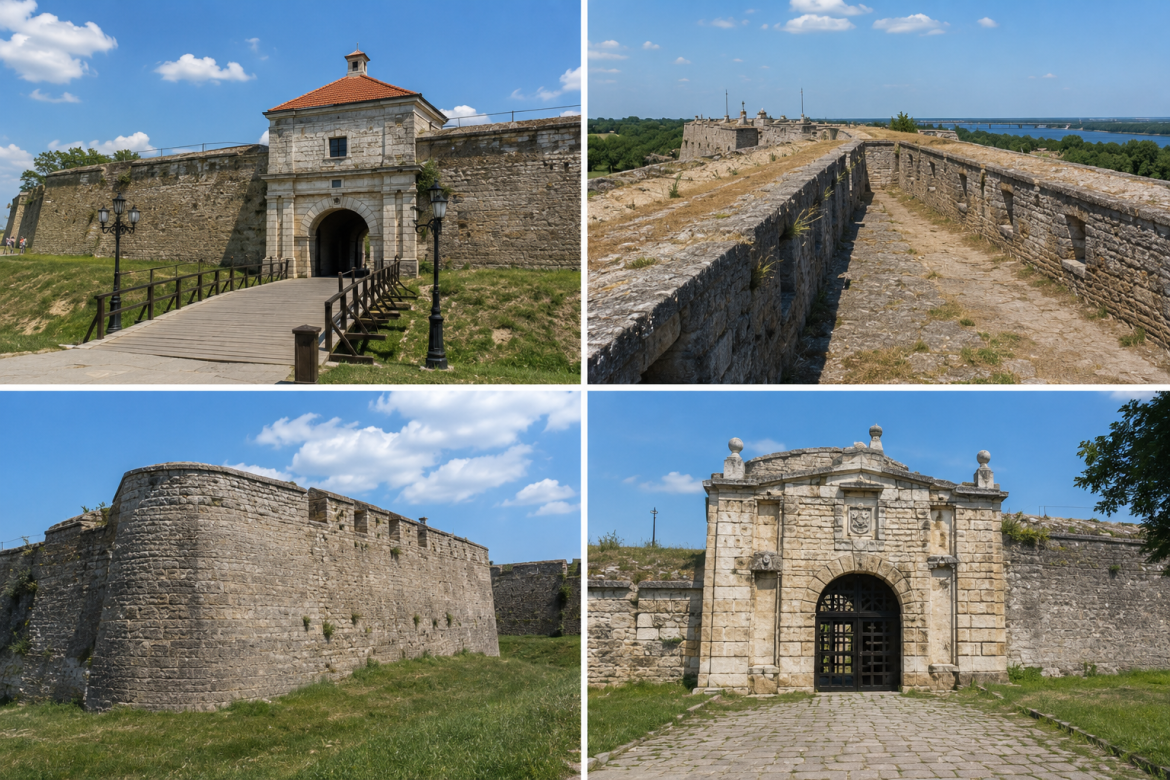 Колаж фото Херсонської фортеці — кам'яні стіни, ворота та бастіони