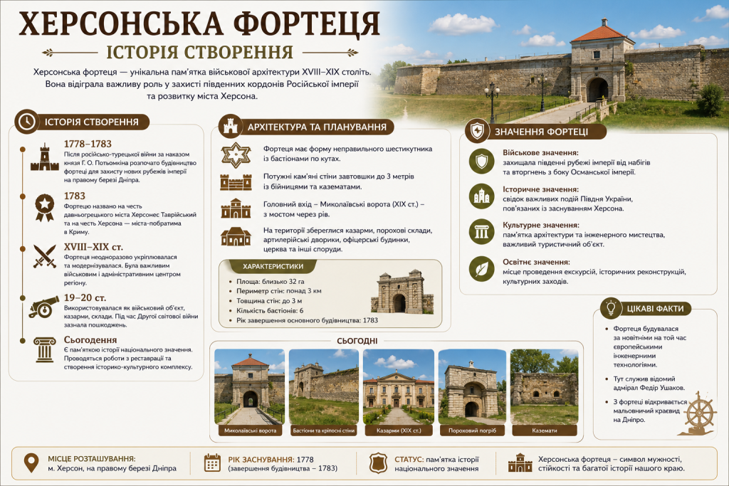 Інфографіка про Херсонську фортецю XVIII–XIX століть з описом архітектури