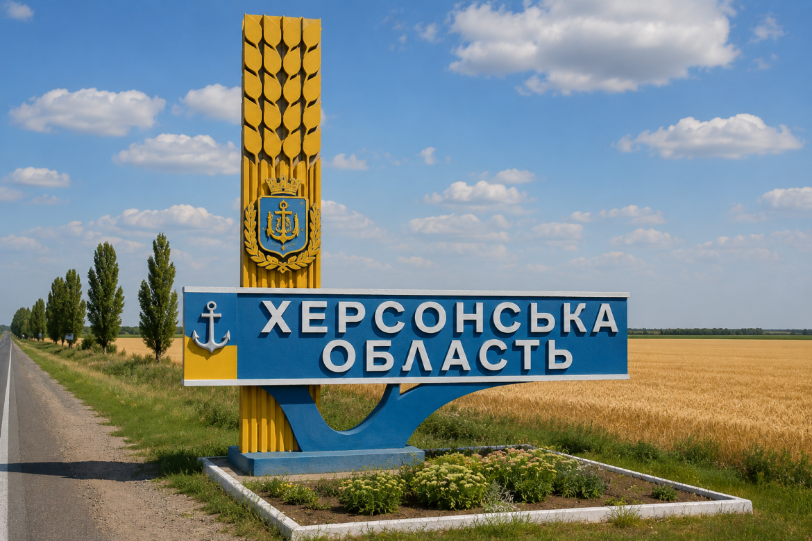Дорожній знак із гербом при в'їзді до Херсонської області серед пшеничного поля