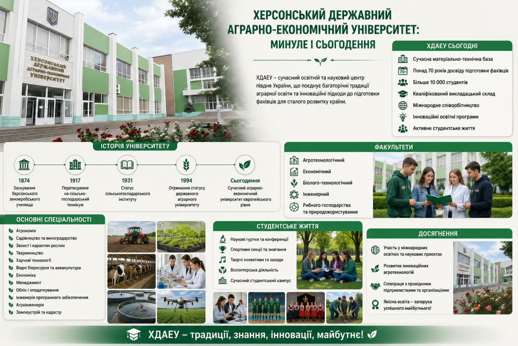 Головний корпус Херсонського державного аграрного університету з інформацією про факультети