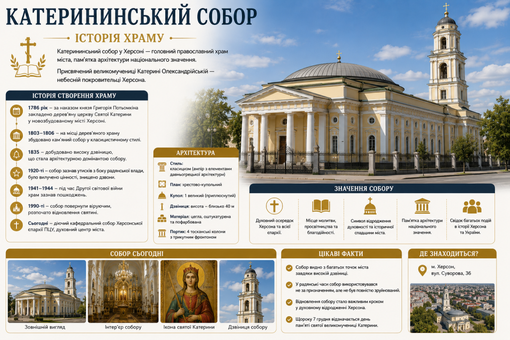 Інфографіка про історію та архітектуру Катерининського собору в Херсоні