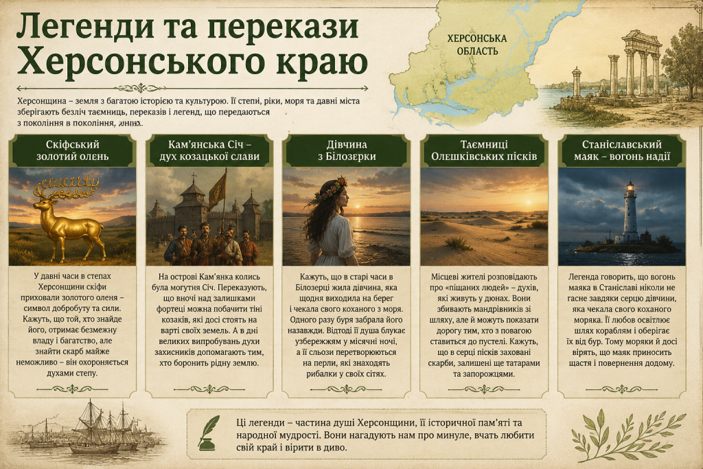Інфографіка з найвідомішими легендами та переказами Херсонщини з ілюстраціями.