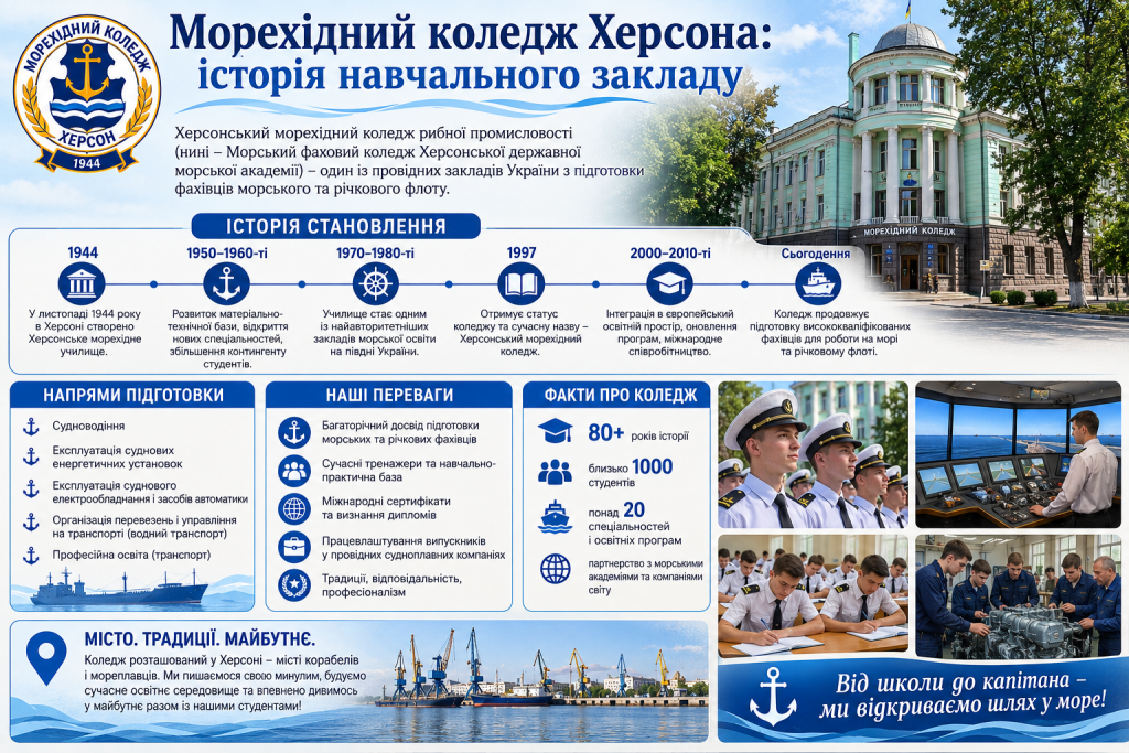 Інфографіка про історію та напрями підготовки Морехідного коледжу Херсона