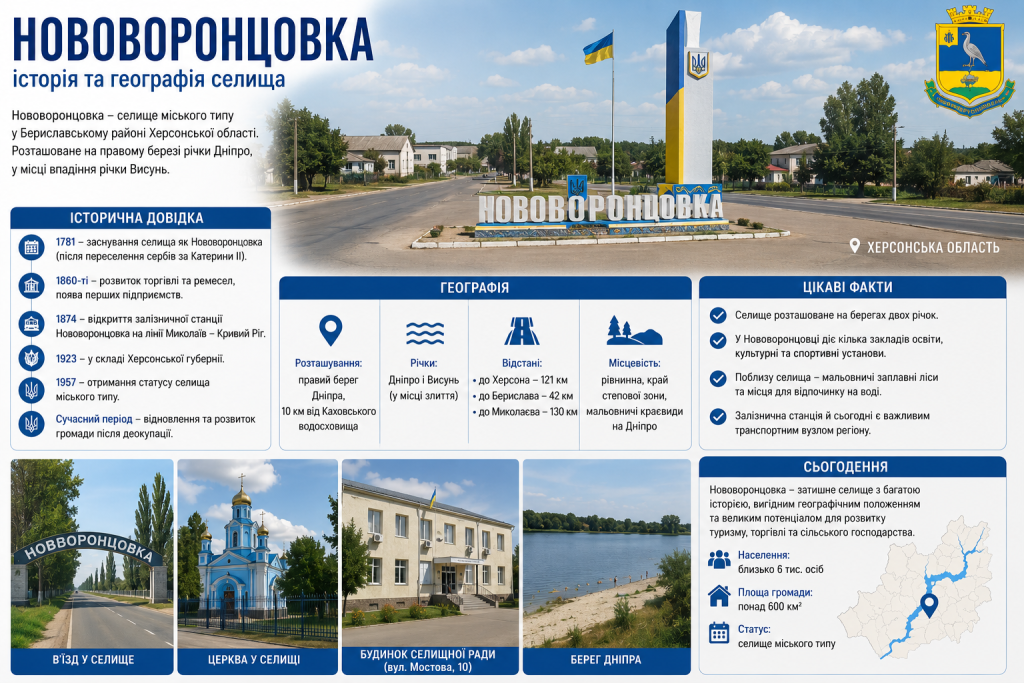 Інфографіка про селище Нововоронцовка на березі Дніпра в Херсонській області