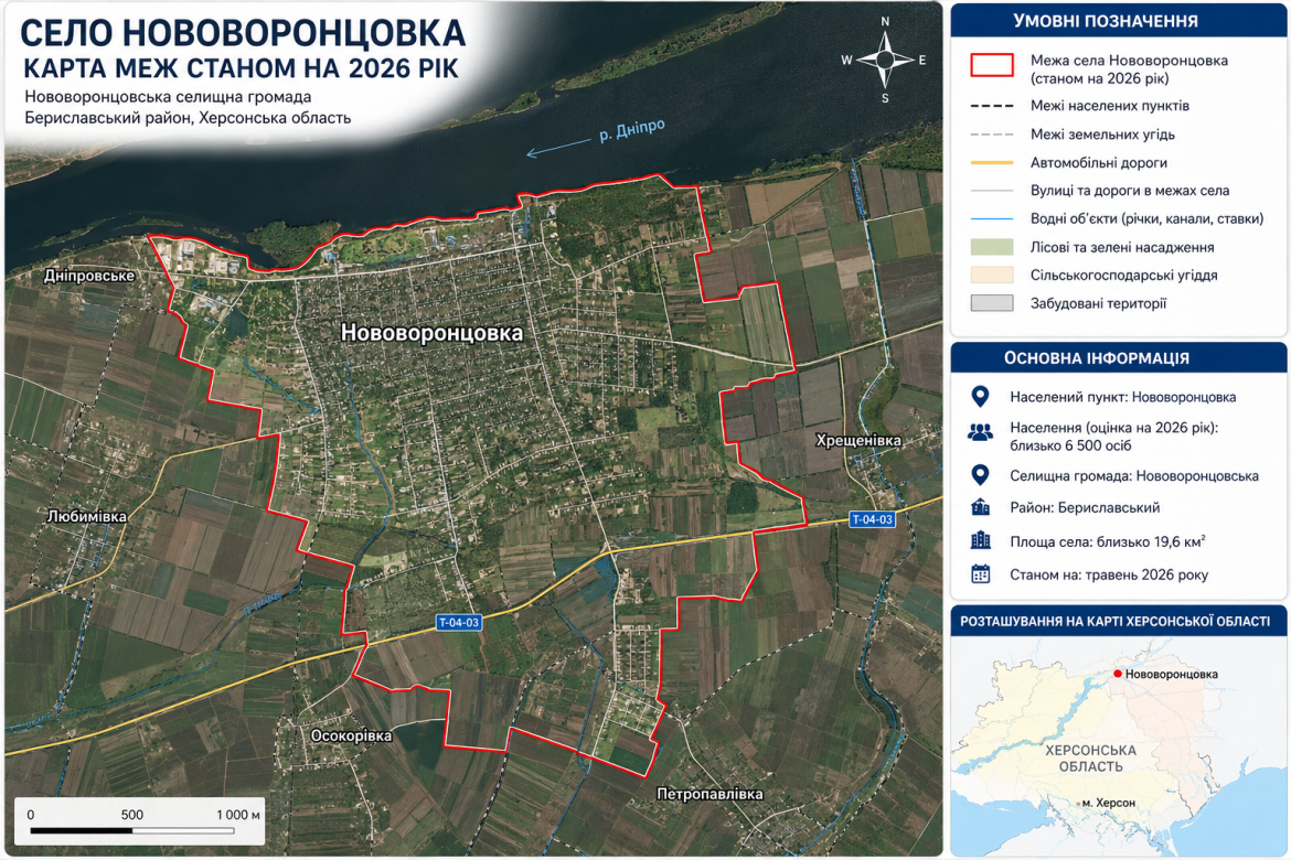 Карта села Нововоронцовка на березі Дніпра з позначенням вулиць