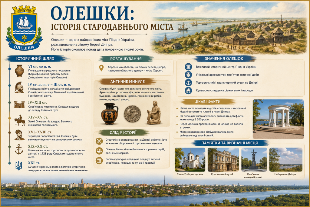 Інфографіка про історію міста Олешки на лівому березі Дніпра