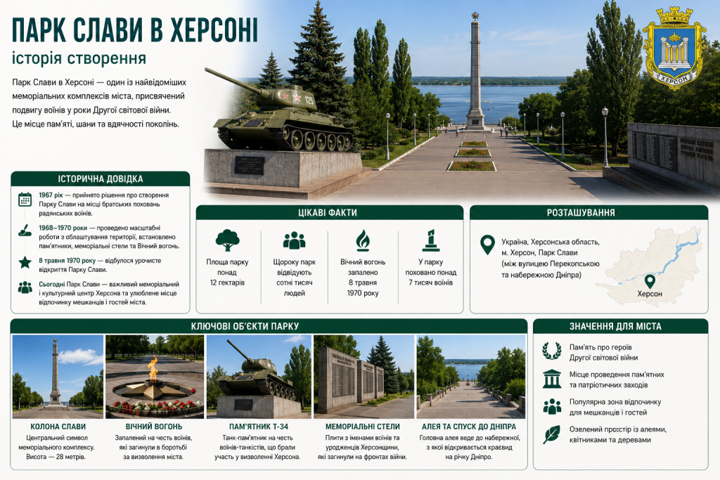 Меморіальний комплекс Парк Слави в Херсоні з Колоною Слави та танком Т-34