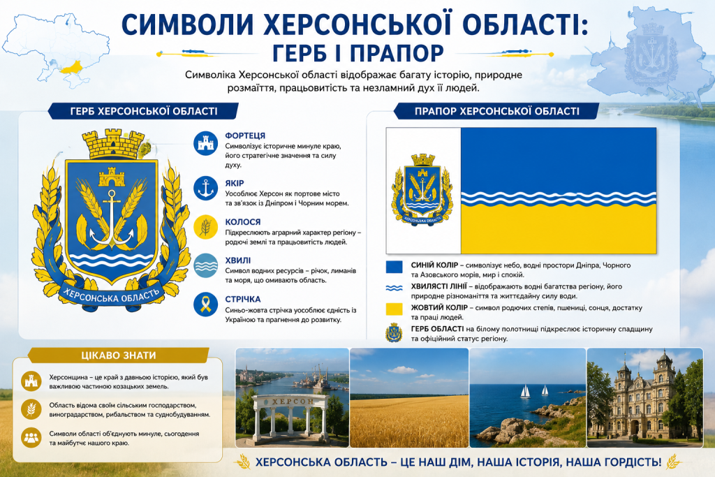 Інфографіка з описом герба та прапора Херсонської області