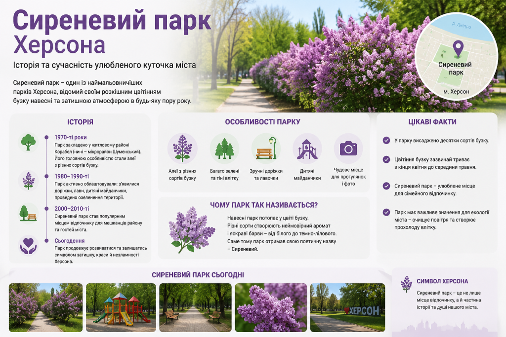 Інфографіка про Сиреневий парк Херсона, його історію, цікаві факти та особливості.
