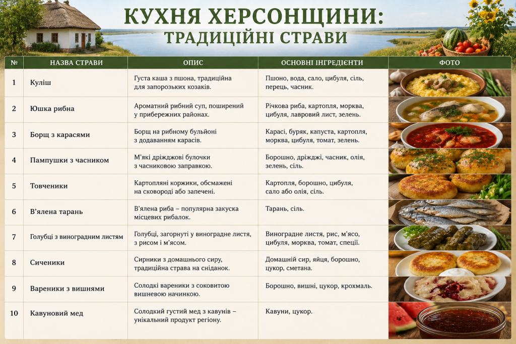 Таблиця з традиційними стравами Херсонщини — куліш, юшка, вареники з вишнями
