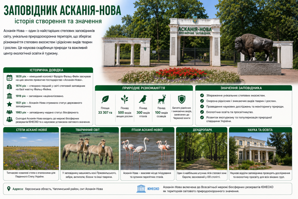 Інфографіка про біосферний заповідник Асканія-Нова з інформацією про фауну і флору