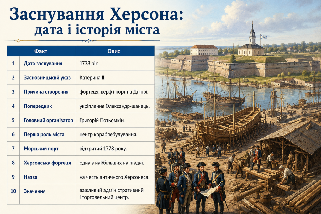 Інфографіка про заснування Херсона у 1778 році — верф, порт та фортеця на Дніпрі
