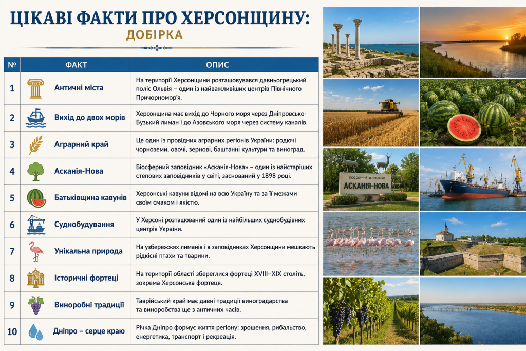 Інфографіка з цікавими фактами про Херсонську область — Асканія-Нова, кавуни, суднобудування