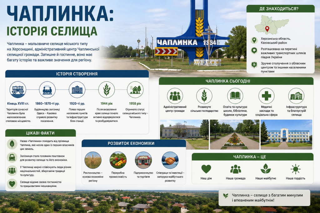 Інфографіка про історію Чаплинки, розвиток селища, економіку, інфраструктуру та сучасне життя