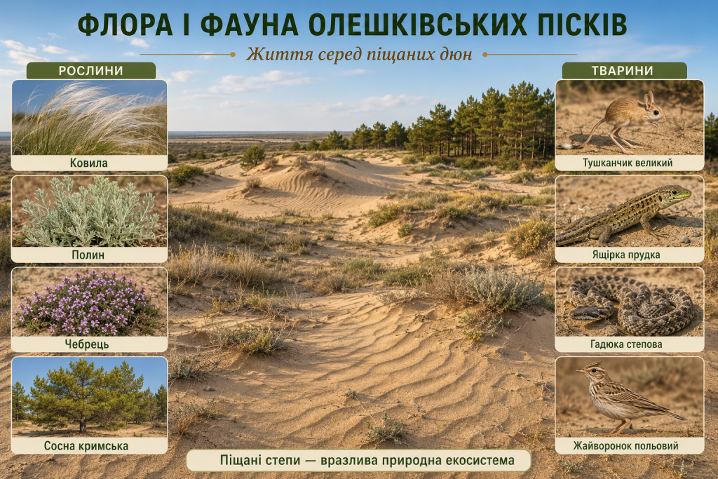 Інфографіка про флору і фауну Олешківських пісків із ковилою, полином, чебрецем, кримською сосною, тушканчиком, ящіркою, степовою гадюкою та жайворонком