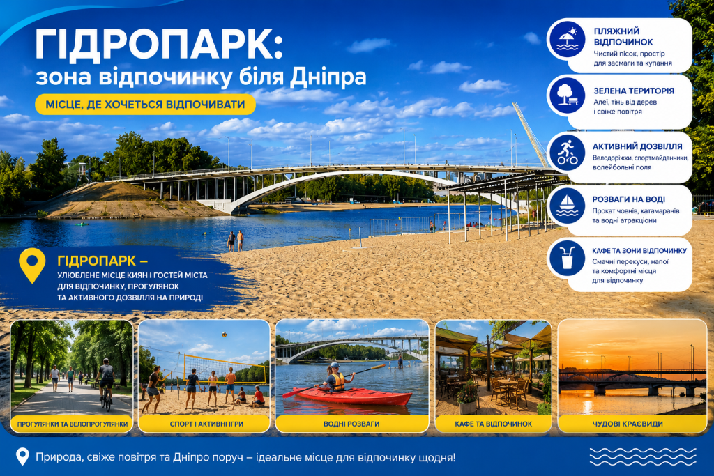 Інфографіка про відпочинок у Гідропарку біля Дніпра з пляжем, прогулянками, спортом, водними розвагами та кафе