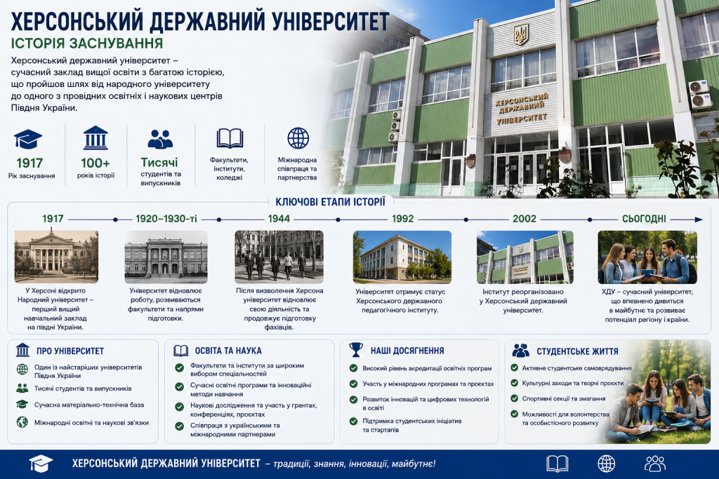 Інфографіка про історію Херсонського державного університету, ключові етапи розвитку, освіту, науку та студентське життя.
