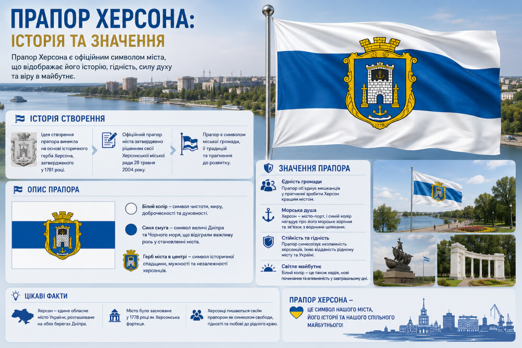 Інфографіка про історію прапора Херсона, його кольори, герб міста та символічне значення.