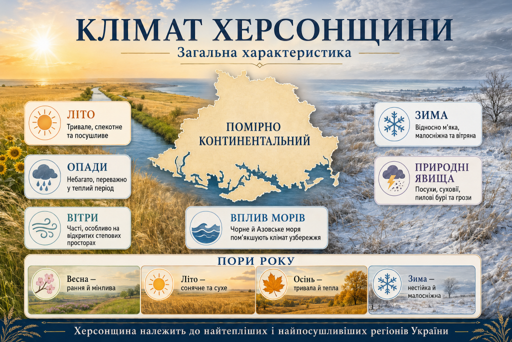 Інфографіка про клімат Херсонщини, спекотне літо, відносно м'яку зиму, невелику кількість опадів, сильні вітри та вплив Чорного й Азовського морів.