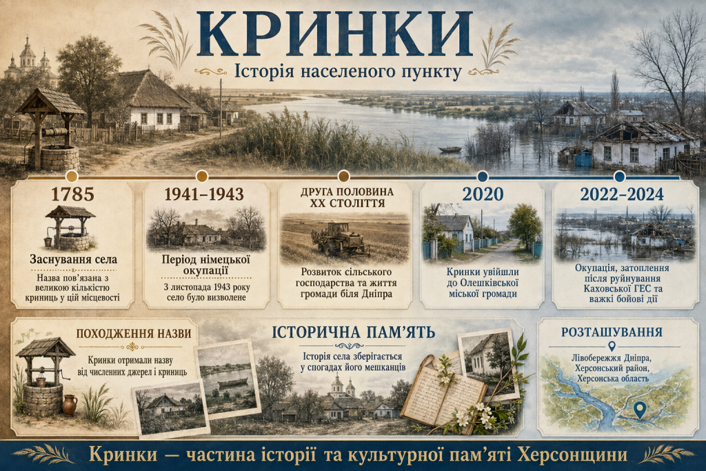 Історична інфографіка про Кринки на Херсонщині, заснування села, події XX століття, розташування біля Дніпра та сучасну історію.