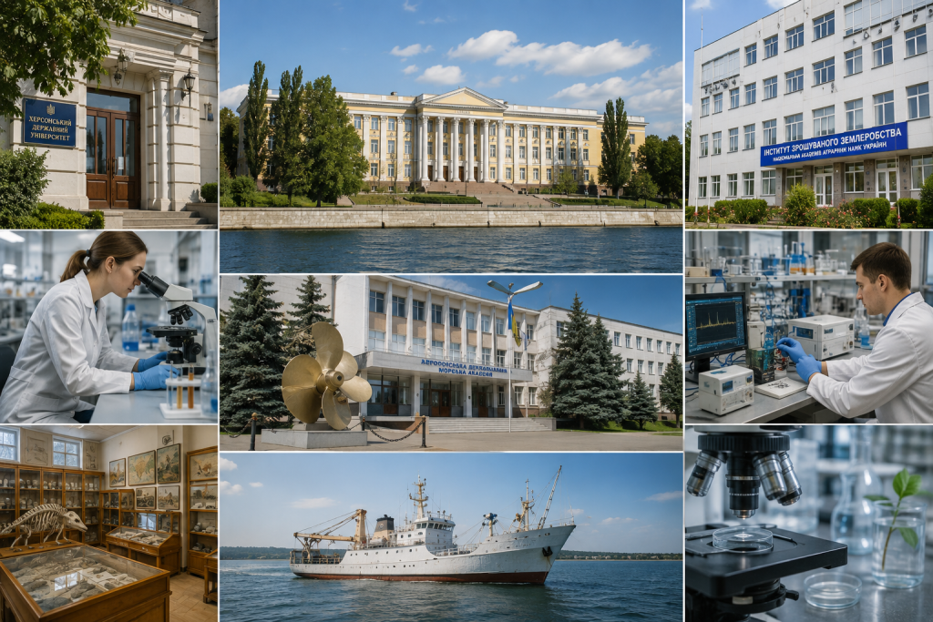 Колаж наукових і освітніх установ Херсонської області, лабораторій, дослідницького судна та наукового обладнання