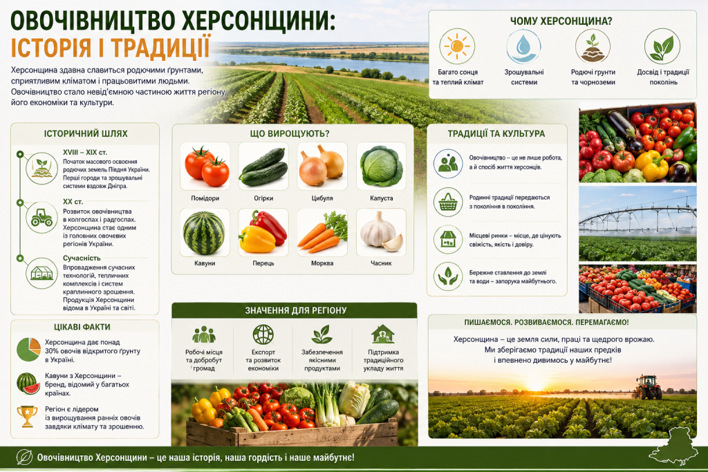 Інфографіка про історію овочівництва Херсонщини, основні культури, традиції та значення для регіону