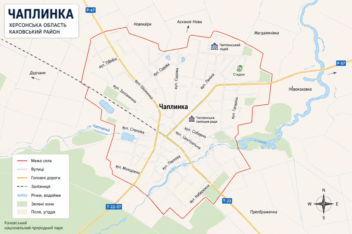 Карта Чаплинки Каховського району з вулицями, дорогами, залізницею, водоймами та межами населеного пункту