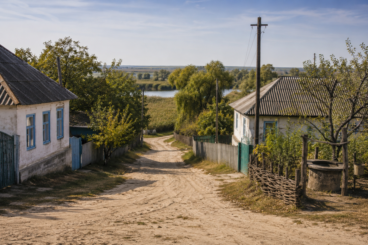 Сільський краєвид Кринок Херсонської області з приватними будинками, ґрунтовою дорогою, деревами та водоймою на задньому плані.