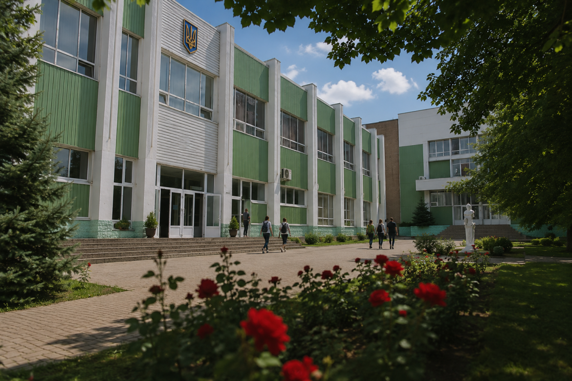 Будівля Херсонського державного університету з зеленим фасадом, державним гербом та студентами біля входу.