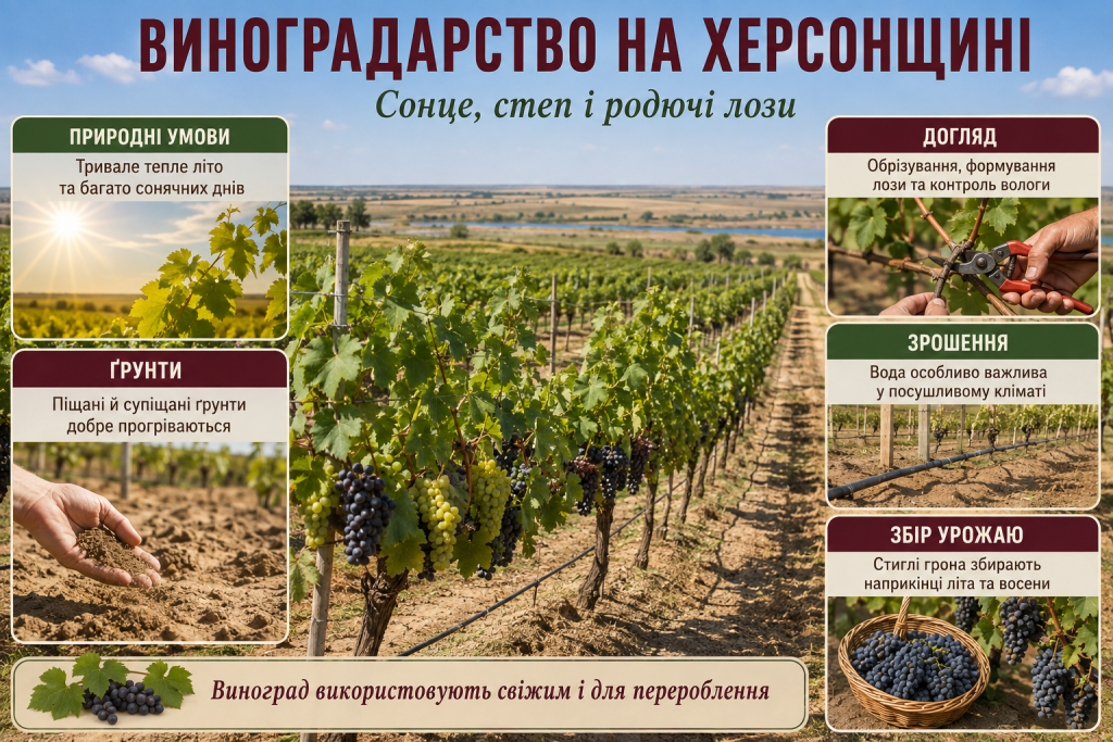 Інфографіка про виноградарство на Херсонщині, клімат, ґрунти, зрошення, обрізування лоз і збір урожаю