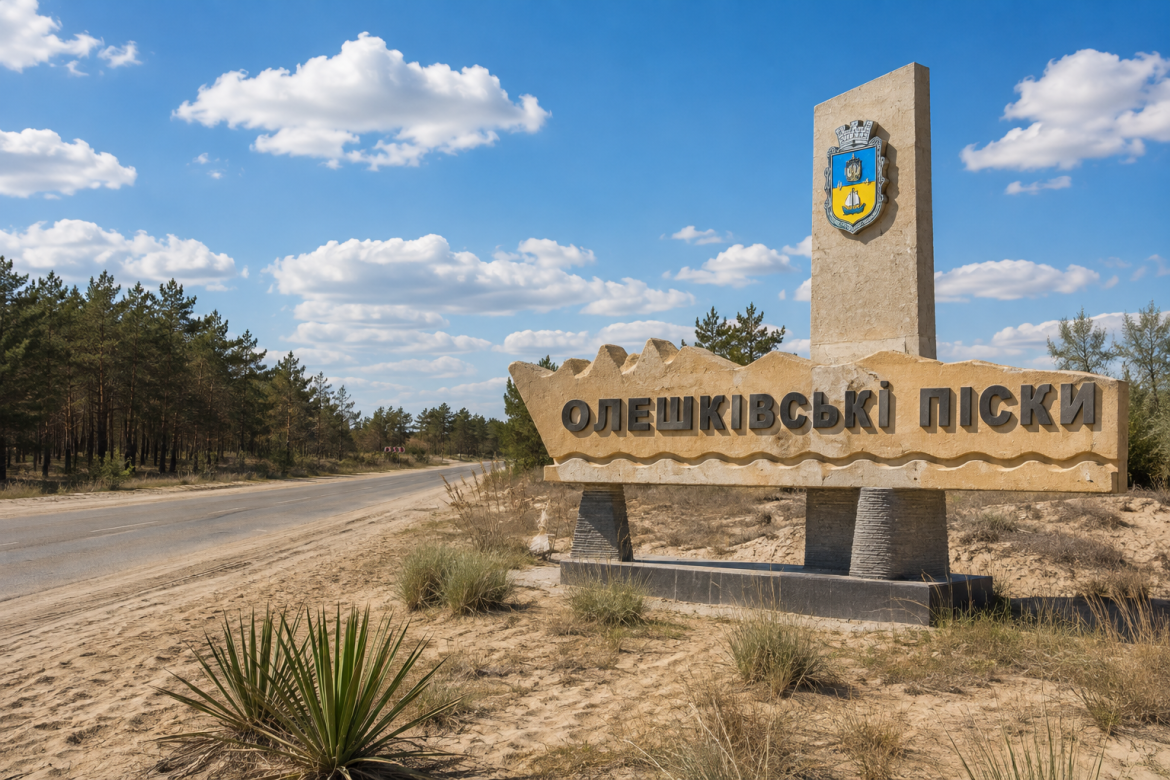 Пам’ятний знак «Олешківські піски» біля дороги в Херсонській області