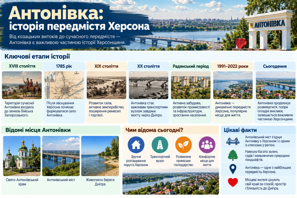 Інфографіка про історію Антонівки біля Херсона, основні етапи розвитку, відомі місця та цікаві факти