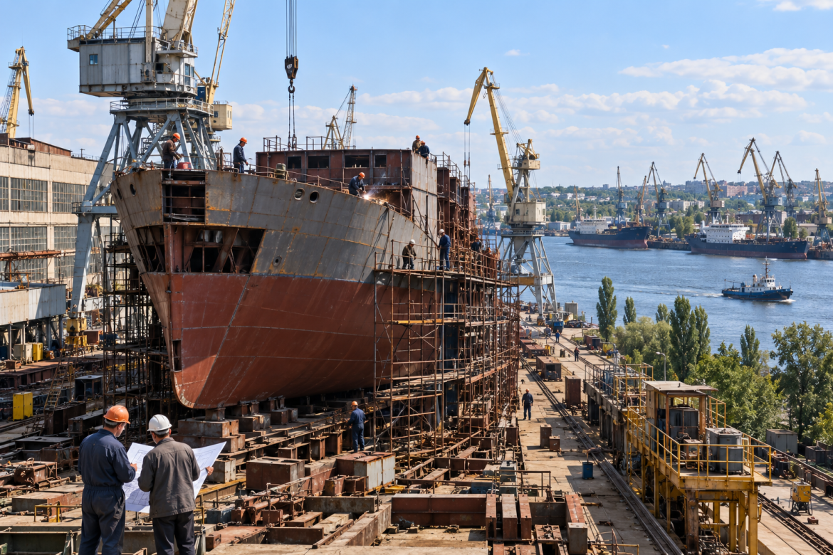 Будівництво великого судна на херсонській верфі з портовими кранами, робітниками та кораблями на Дніпрі