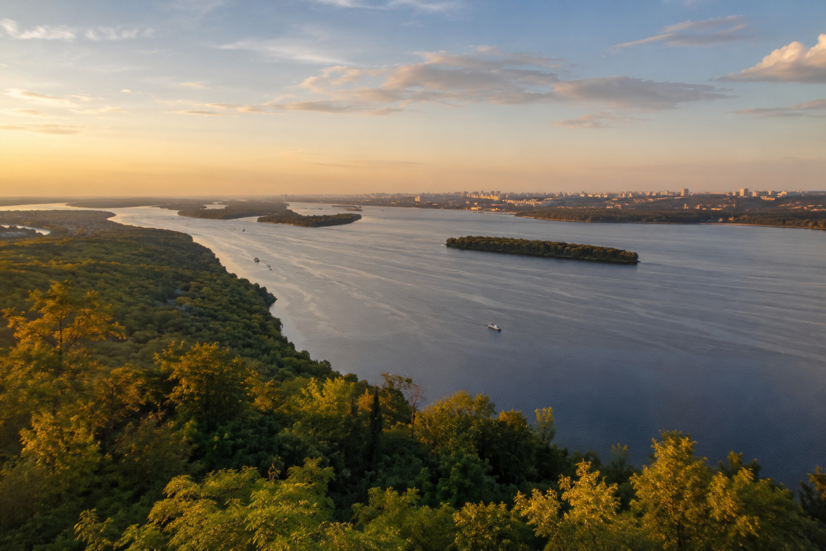 Панорамний краєвид річки Дніпро з островами, зеленими берегами та містом на горизонті під час заходу сонця