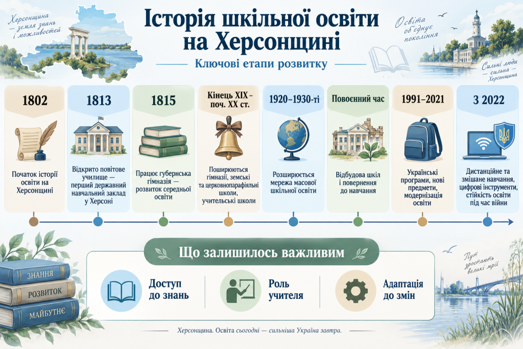 Історична інфографіка про розвиток шкільної освіти на Херсонщині від XIX століття до сучасності з основними датами та освітніми змінами.