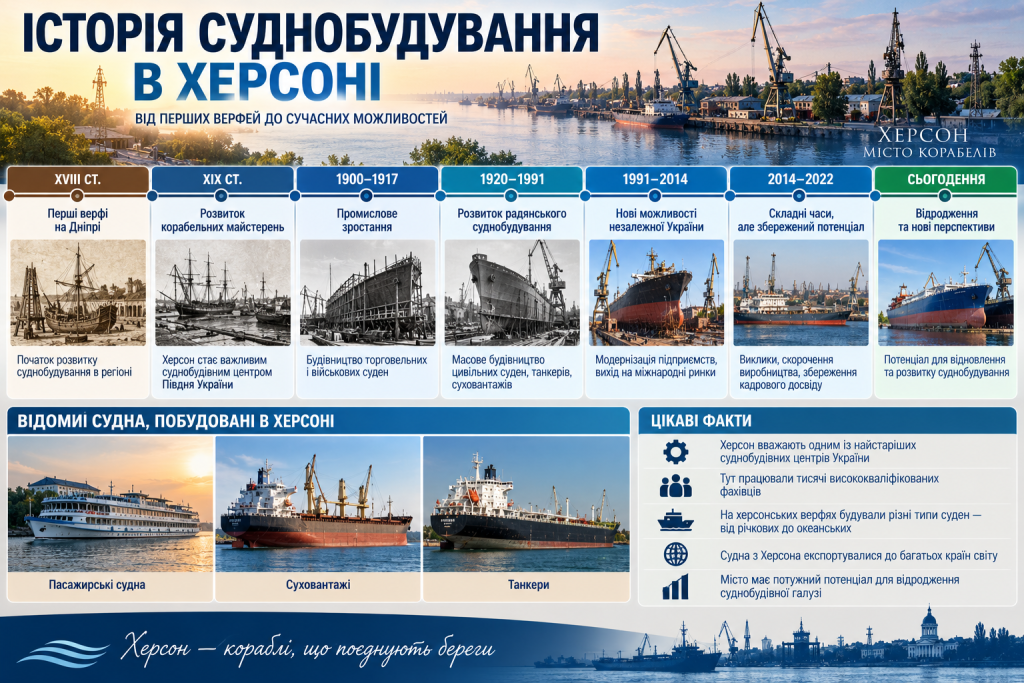 Інфографіка про розвиток суднобудування в Херсоні від перших верфей до сучасного періоду та основні типи суден
