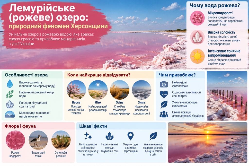 Інфографіка про Лемурійське рожеве озеро на Херсонщині, його солоність, колір води, природу та особливості