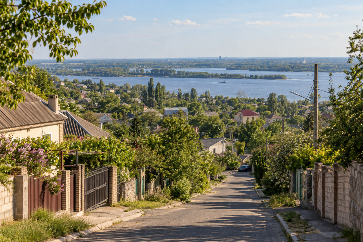 Панорамний краєвид Антонівки на Херсонщині з приватною забудовою, зеленими садами та річкою Дніпро