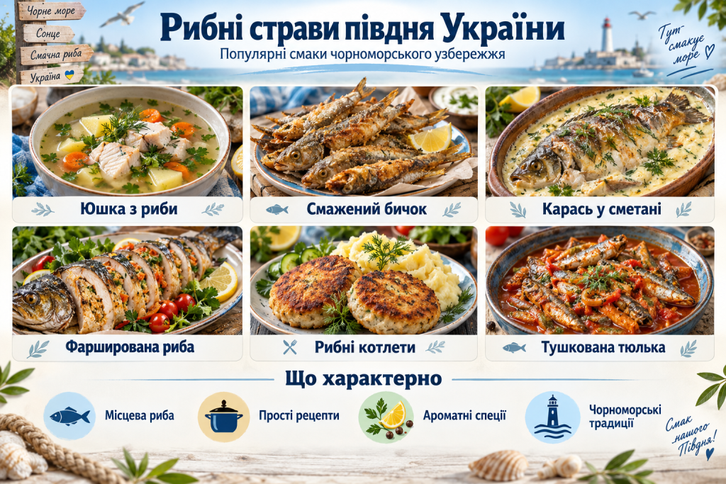 Інфографіка про популярні рибні страви півдня України — юшку, смаженого бичка, карася у сметані, фаршировану рибу, котлети та тушковану тюльку.