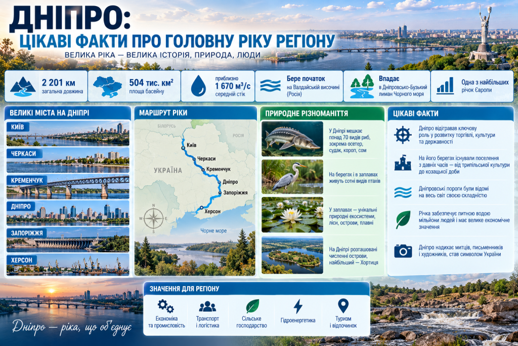 Інфографіка про річку Дніпро, її довжину, маршрут, великі міста, природне різноманіття та значення для України
